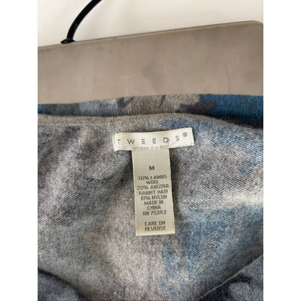 Tweeds Leaf Print V-Neck Sweater Wool Angora Rabbit Hair Size Medium